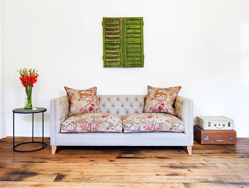 4 Haresfield 3 Seater Sofa in Antwerp Linen with Seat & Scatters in Floral Linen Lily Pad Vermillion